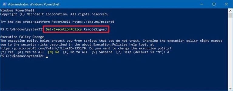 Running Set-ExecutionPolicy RemoteSigned and confirming the execution policy change prompt