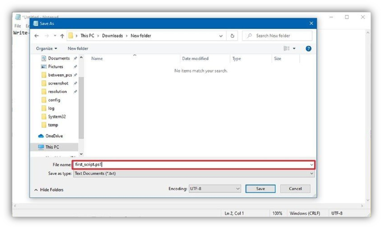 Saving first_script.ps1 from Notepad, with the Save as type set to Text Documents