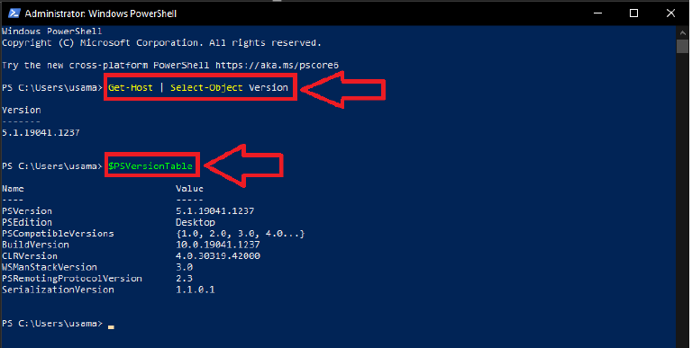 Get-Host | Select-Object Version and $PSVersionTable both reporting PowerShell version 5.1.19041.1237