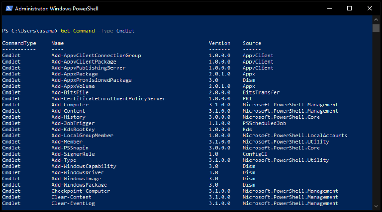 Get-Command -Type Cmdlet listing cmdlets with their Version and Source columns