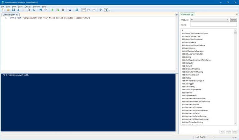The PowerShell ISE editing a Write-Host script, with the Commands pane listing available cmdlets