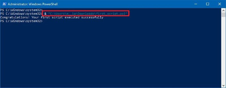 Running first_script.ps1, which prints: Congratulations! Your first script executed successfully